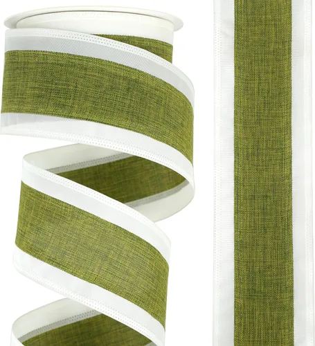 Miniatura 10 de Cinta Verde Musgo con Alambre de 2.5" Rayas Horizontales Verde Blanco Arpillera Cinta de Árbol de Navidad Cinta Verde Rústica con Alambre de Navidad