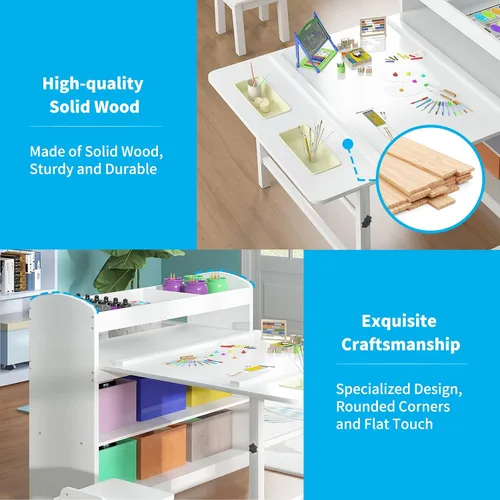 Miniatura 4 de Mjkone Juego de mesa de arte y 2 sillas para niños, juego de mesa de madera para niños con almacenamiento de suministros, contenedores de lona