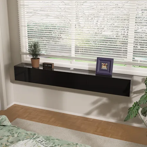 Miniatura 4 de FurniNova Soporte flotante para TV con 3 puertas, moderno mueble flotante para consola de TV con almacenamiento, estante flotante de madera Negro