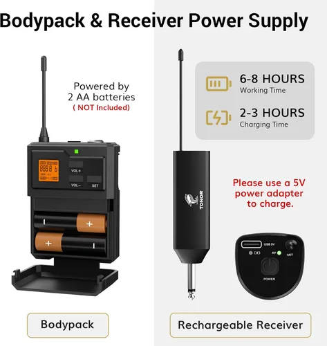 Miniatura 7 de TONOR Sistema de micrófono inalámbrico UHF con micrófono de auriculares/micrófono de solapa Lavalier, transmisor Bodypack, receptor recargable, 15
