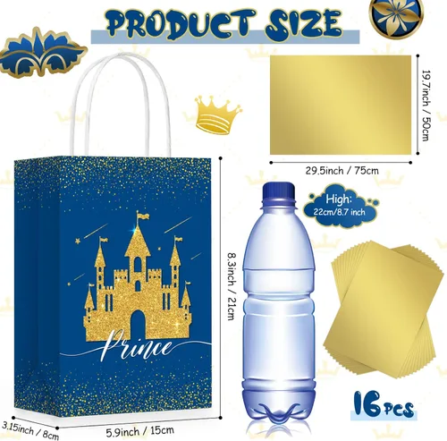 Miniatura 2 de Nezyo 16 bolsas de recuerdo de fiesta de princesa príncipe con asas y papel de seda, bolsas de regalo para cumpleaños, baby shower, regalos