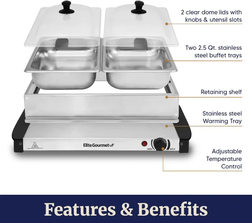 Miniatura 6 de Elite Gourmet EWM-6122 Bandejas dobles de 2 x 2.5 cuartos de galón, servidor de buffet, control de temperatura del calentador de alimentos, tapas