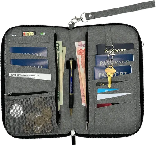 Miniatura 6 de Helgruenn Organizador de documentos de viaje familiar de 6 pasaportes de primera calidad con bloqueo RFID, Gris