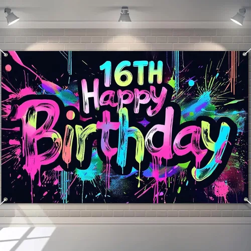 Miniatura 26 de HOMETITUTE Pancarta de Neón de Feliz 10mo Cumpleaños 71 x 43 pulgadas, Salpicadura de Pintura que Brilla en la Oscuridad, Telón de Fondo
