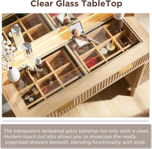 Miniatura 5 de RedLemon Escritorio de tocador acanalado de 48 pulgadas con espejo HD grande de 36 pulgadas y luces, mesa de maquillaje moderna de vidrio de madera