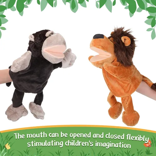 Miniatura 2 de Wettarn 10 piezas de marionetas de animales de mano de 12 pulgadas de felpa suave, diseño de león, orangután, jirafa, tigre, cerdo, elefante