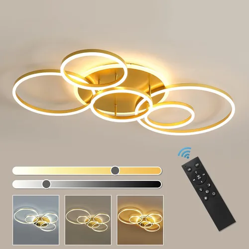 Lámpara de techo LED moderna de 106 W, regulable, lámpara de techo acrílica LED con control remoto, 6 anillos, luz de techo de montaje al ras, Dorado