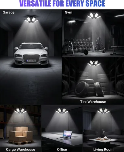 Miniatura 7 de Tudoccy Luces de garaje, paquete de 2 luces LED de techo de garaje de 34000 lúmenes, 6500 K, luz LED para tienda, 6 paneles ajustables, bombilla