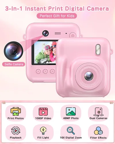 Miniatura 2 de Cámara para Niños con Impresión Instantánea, Cámara Digital Selfie de 48MP para Niños Regalos de Navidad y Cumpleaños, Cámaras de Impresión