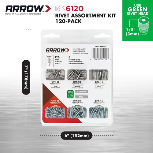 Miniatura 3 de Arrow RK6120 - Kit surtido de remaches para metal, tela, cuero y reparación de automóviles, aluminio y acero, 18 pulgadas, paquete de 120