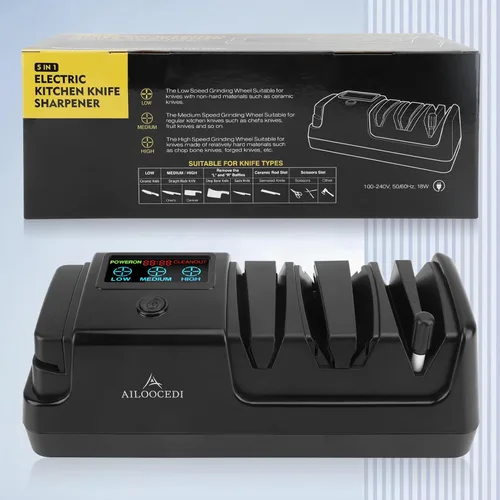 Miniatura 7 de Afilador de cuchillos eléctrico con pantalla LCD, afilador de cuchillos ajustable de velocidad de 3 etapas para todos los cuchillos de cocina, Negro