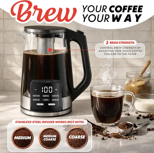 Miniatura 10 de Gourmia Hervidor eléctrico programable de vidrio – 1.7L Control de temperatura para té y café con pantalla táctil digital, 6 ajustes