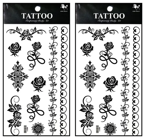 Tatuajes 2 hojas hermosas rosas negras enredaderas temporales tatuajes adhesivos falsos cuerpo brazo pecho hombro tatuajes para hombres
