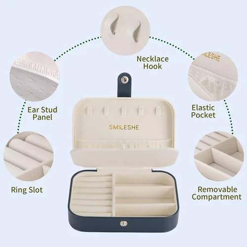 Miniatura 5 de Smileshe Joyero, estuche de viaje portátil pequeño de piel sintética, organizador de 2 capas, cajas de almacenamiento para anillos, aretes