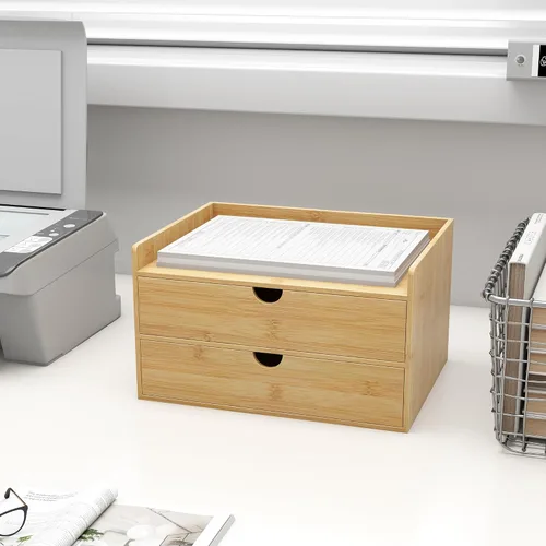 Miniatura 2 de Organizador de cajones de escritorio de bambú, organizador de escritorio grande con cajones, caja de organización de almacenamiento de mesa para 2