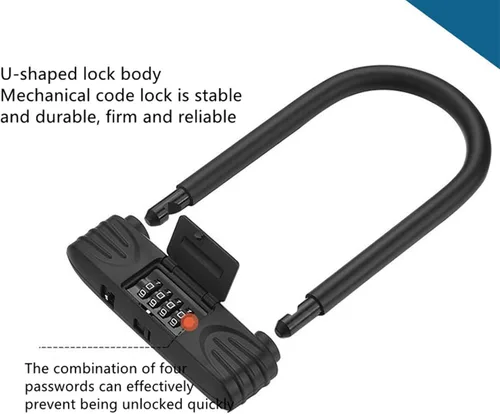 Miniatura 6 de Cerradura en U para bicicleta resistente, cerradura de bicicleta con contraseña de combinación de 4 dígitos con grillete de bloqueo en U