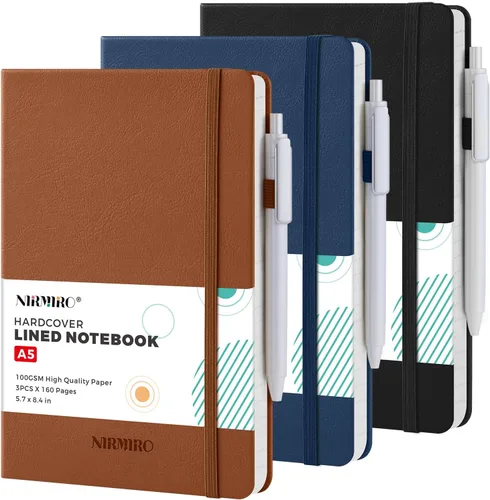 Miniatura 8 de Paquete de 3 cuadernos rayados con bolígrafo, cuadernos A5 (5.7 x 8.4 pulgadas) de tapa dura de cuero para mujeres y hombres, trabajo, 160 páginas