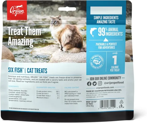 Miniatura 2 de ORIJEN Golosinas para gatos liofilizadas sin granos con alto contenido de proteínas, ingredientes animales crudos Seis pescados 1.25oz Bolsa