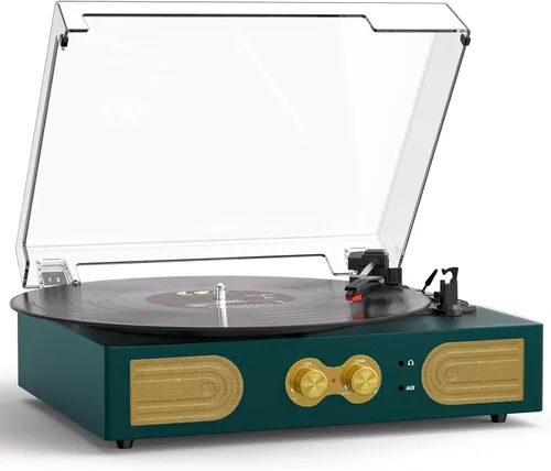 Reproductor de discos de vinilo con altavoces estéreo integrados, tocadiscos vintage de 3 velocidades, control de graves/agudos, conector para
