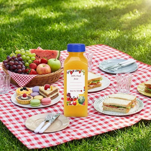 Miniatura 7 de SUPERLELE 10 botellas de plástico para jugo de 12 onzas con 10 tapas negras y 10 tapas azules, recipientes de jugo reutilizables con tapas