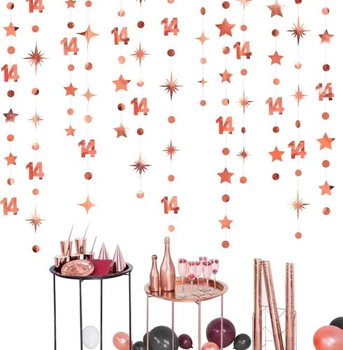 Miniatura 7 de Decoración de cumpleaños número 14, color negro, con número 14, guirnalda de estrellas con puntos circulares, metálica, para colgar banderines