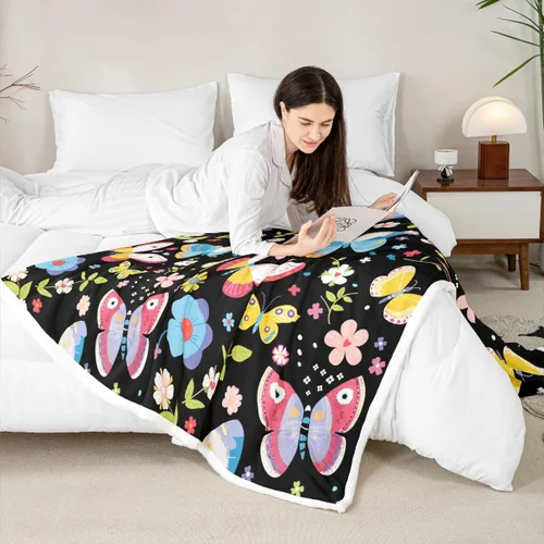 Miniatura 4 de Manfei Manta de vellón con diseño de mariposas florales en acuarela, manta acogedora para cama, sofá, decoración de habitación de niños, niñas