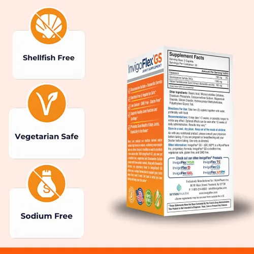 Miniatura 3 de INVIGOFLEX® GS - Sulfato de glucosamina (sin mariscos, sin sodio y seguro para vegetarianos) sin OMG, sin gluten, con Boswellia Serrata - Suplemento