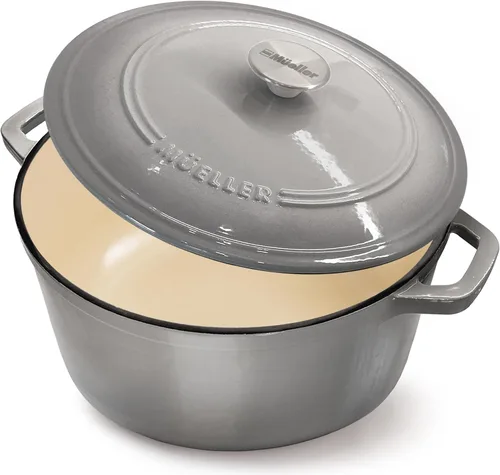 Miniatura 30 de MÜELLERHOME Horno holandés de hierro fundido esmaltado, 6 cuartos de galón, resistente, cazuela con tapa y perilla de acero inoxidable, para todas