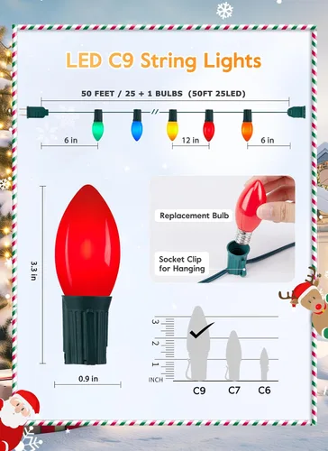Miniatura 3 de Luces LED de Navidad vintage C9 para exteriores, cadena de 50 pies con 25 bombillas inastillables, impermeables, conectables, luces de árbol