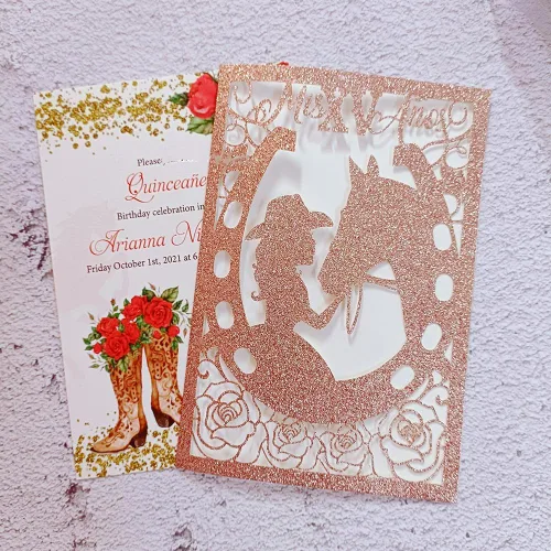 Miniatura 17 de 50 piezas de tarjetas de invitación de quinceañera con purpurina, invitación para fiesta de los 15 años, purpurina de caballo, DIY, tarjetas de boda