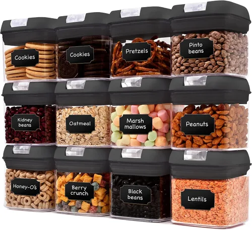 Cheer Collection Contenedores herméticos para almacenamiento de alimentos, recipientes de almacenamiento de cocina para despensa, juego de 12 Negro