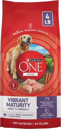 Purina ONE Alimento seco para perros mayores con alto contenido de proteínas, fórmula 7 Plus de madurez vibrante, (4) bolsas de 4 libras
