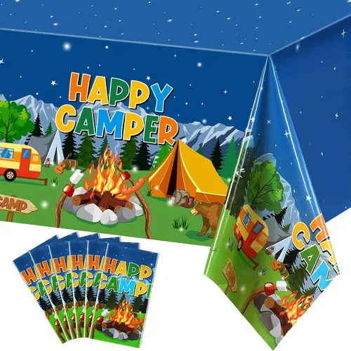 Miniatura 9 de Tegeme Mantel de plástico con temática de fogata y bosque, 1 pieza, para campamento, fiesta, suministros de decoración