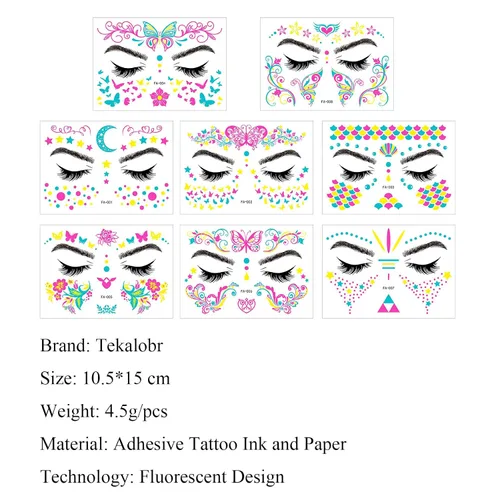 Miniatura 6 de Tatuajes temporales que brillan en la oscuridad, tatuajes temporales falsos para la cara, maquillaje UV, neón, mariposa, floral, tatuajes