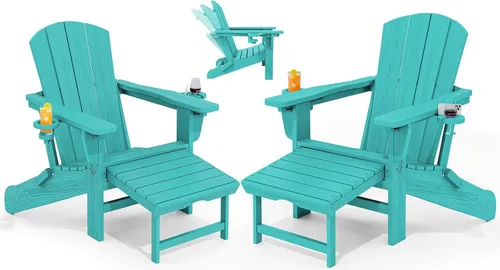 Miniatura 24 de KINGYES Silla Adirondack plegable ajustable con otomana y 2 portavasos, silla reclinable Adirondack HDPE con reposapiés, Aruba