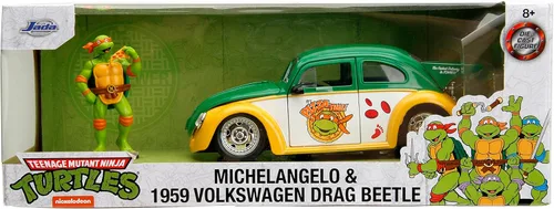 Miniatura 2 de Jada Teenage Mutant Ninja Turtles 1:24 1959 Volkswagen Drag Beetle - Coche fundido a presión y figura de Miguel Ángel de 2.75 pulgadas, juguetes