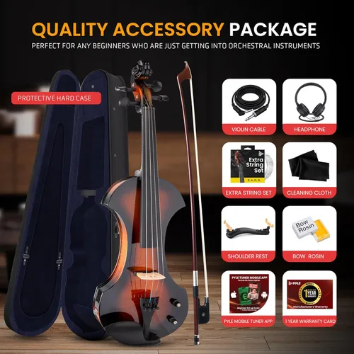 Miniatura 4 de Pyle Kit de violín eléctrico de tamaño completo, violín silencioso de madera maciza 4/4 con estuche rígido, arco, accesorios de ébano y sintonizador