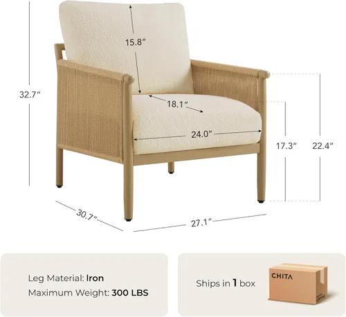 Miniatura 2 de CHITA Sillas decorativas trenzadas, sillón moderno con marco de metal con acabado similar a la madera para sala de estar y dormitorio, silla