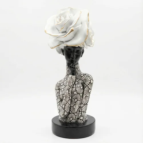 Miniatura 11 de Lescafita Escultura de mujer africana con tocado de flor dorada, figura de resina negra y dorada para decoración del hogar, elegante estatua de dama