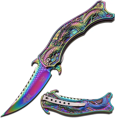 Dark Side Ballistics - Cuchillo plegable asistido por resorte - Hoja y mango de acero inoxidable recubierto de Rainbow TiNite, tema de dragón, clip