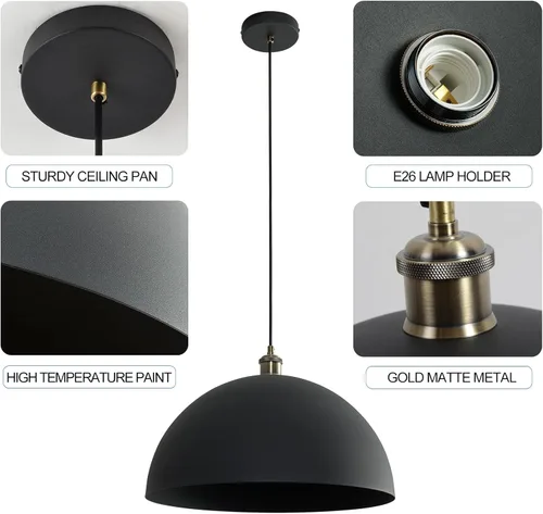 Miniatura 6 de Lámpara Colgante Vintage Negra de 17.72'' Lámpara Colgante Retro Estilo Granja de Cúpula Grande Candelabro Industrial Moderno con Cable de 78.74