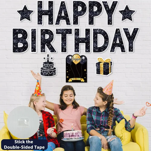 Miniatura 6 de Letrero de feliz cumpleaños con estacas, 18 piezas de letrero negro de feliz cumpleaños con luz LED de 49.2 pies, letrero grande personalizado