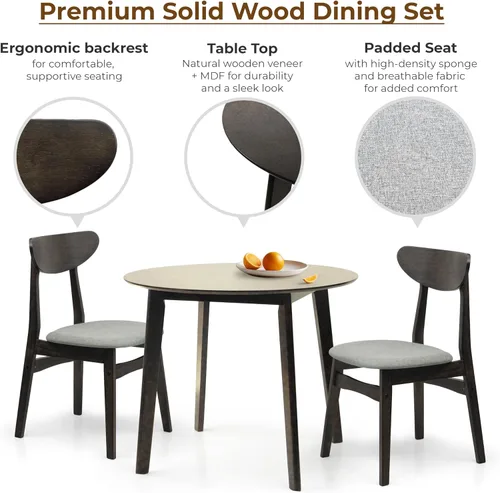 Miniatura 2 de Juego de 3 mesas redondas de cocina y 2 sillas laterales Yumiko de madera maciza con asiento acolchado
