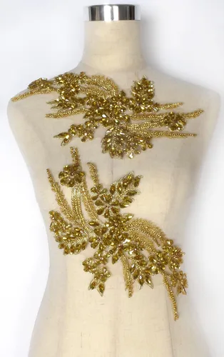 Miniatura 8 de Parches de diamantes de imitación hechos a mano, apliques de cuentas para decoración de vestidos de novia, apliques de flores de oro Oro-b