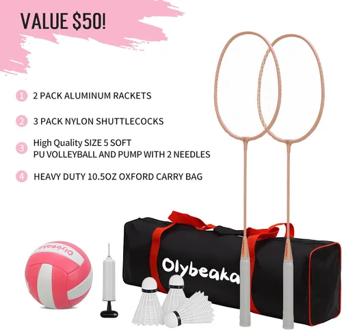 Miniatura 6 de Juego de red combinada de voleibol y bádminton de 20 pies para exteriores para patio trasero y playa con postes ajustables, red duradera Rosa