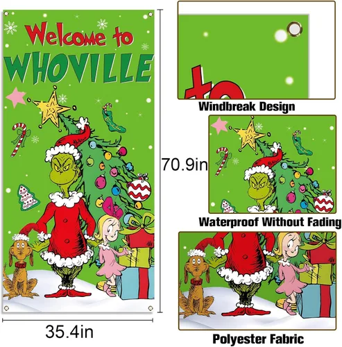 Miniatura 3 de Nepnuser Cubierta de puerta de Navidad de bienvenida, elfo verde, decoración de Navidad, invierno, vacaciones, fiesta, telón de fondo, pancarta