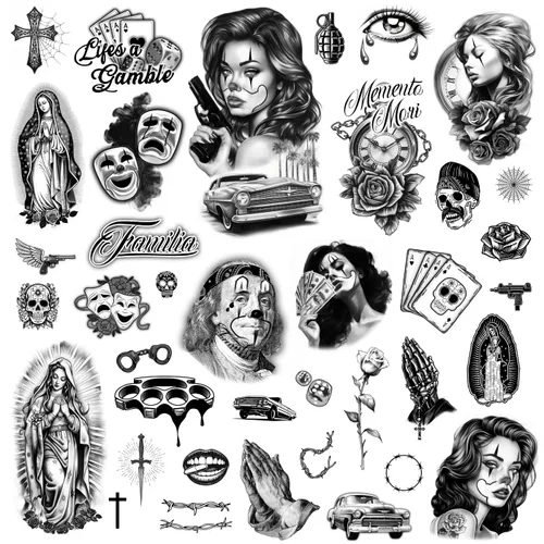 Los Vatos Chicano Vol. I - Cholo y Chola Tatuajes Temporales Para Hombres Mujeres, Payasa, Lowrider, Virgen María, Oración, Cruz, Chicana, Gángster,