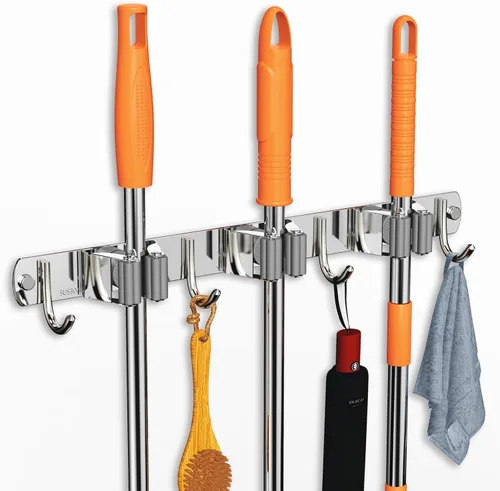 Miniatura 11 de CUXIXA Organizador de escoba y trapeador para colgar en la pared, soporte de pared mejorado para trapeador y escoba, soporte de pared de acero Plata