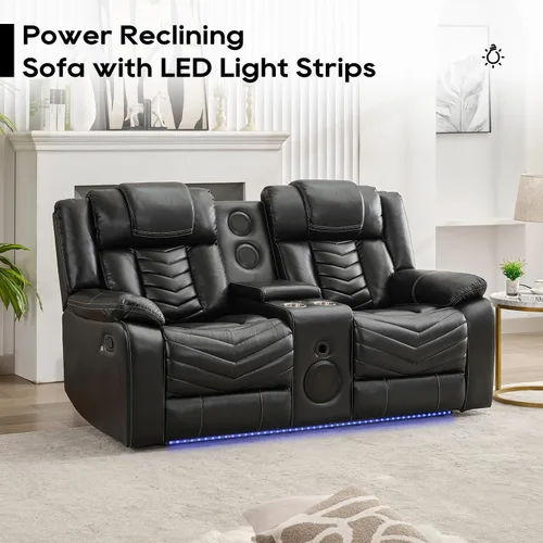 Miniatura 8 de Sofá reclinable manual con altavoces de graves para sala de estar, sofá biplaza reclinable eléctrico de cuero con luces LED, reclinables dobles, 2