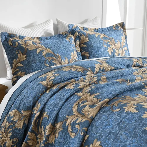 Miniatura 7 de Juego de edredón 100% algodón tamaño Queen de 3 piezas, edredón floral de damasco con 2 fundas, colcha acolchada floral vintage, ropa de cama ligera